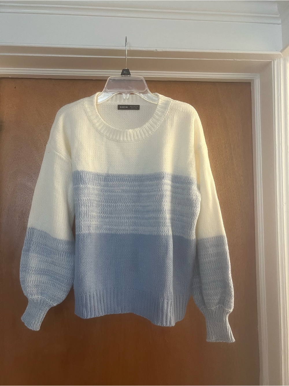 SHEIN Women’s Light Cream & Light Blue Block Crewneck Long Sleeve Sweater